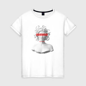 Женская футболка хлопок с принтом Медуза Горгона в Тюмени, 100% хлопок | прямой крой, круглый вырез горловины, длина до линии бедер, слегка спущенное плечо | девушка | медуза горгона | миф | полосы | скульптура | стиль