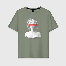 Женская футболка хлопок Oversize с принтом Медуза Горгона в Тюмени, 100% хлопок | свободный крой, круглый ворот, спущенный рукав, длина до линии бедер
 | девушка | медуза горгона | миф | полосы | скульптура | стиль
