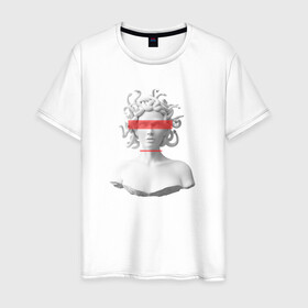 Мужская футболка хлопок с принтом Медуза Горгона в Тюмени, 100% хлопок | прямой крой, круглый вырез горловины, длина до линии бедер, слегка спущенное плечо. | девушка | медуза горгона | миф | полосы | скульптура | стиль