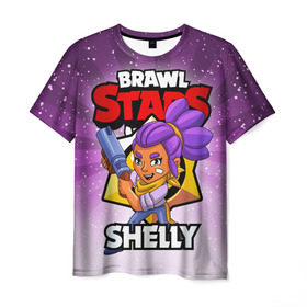 Мужская футболка 3D с принтом BRAWL STARS SHELLY в Тюмени, 100% полиэфир | прямой крой, круглый вырез горловины, длина до линии бедер | Тематика изображения на принте: brawl stars | brawl stars shelly | brawler | shelly | бравл старз | бравлер | шелли