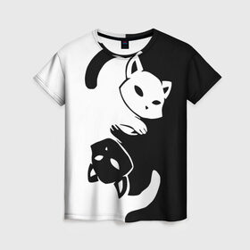 Женская футболка 3D с принтом ДВА КОТА КУВЫРКАЮТСЯ в Тюмени, 100% полиэфир ( синтетическое хлопкоподобное полотно) | прямой крой, круглый вырез горловины, длина до линии бедер | black white | два кота кувыркаются | животные | котики | коты | черно белое