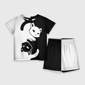 Детский костюм с шортами 3D с принтом ДВА КОТА КУВЫРКАЮТСЯ. в Тюмени,  |  | black white | два кота кувыркаются | животные | котики | коты | черно белое