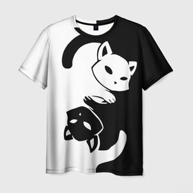 Мужская футболка 3D с принтом ДВА КОТА КУВЫРКАЮТСЯ. в Тюмени, 100% полиэфир | прямой крой, круглый вырез горловины, длина до линии бедер | black white | два кота кувыркаются | животные | котики | коты | черно белое