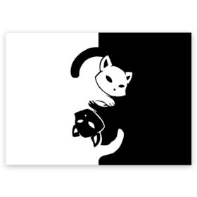 Поздравительная открытка с принтом ДВА КОТА КУВЫРКАЮТСЯ. в Тюмени, 100% бумага | плотность бумаги 280 г/м2, матовая, на обратной стороне линовка и место для марки
 | Тематика изображения на принте: black white | два кота кувыркаются | животные | котики | коты | черно белое
