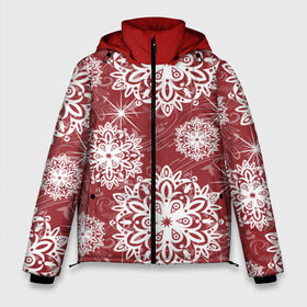 Мужская зимняя куртка 3D с принтом Новый год снежинки на красном в Тюмени, верх — 100% полиэстер; подкладка — 100% полиэстер; утеплитель — 100% полиэстер | длина ниже бедра, свободный силуэт Оверсайз. Есть воротник-стойка, отстегивающийся капюшон и ветрозащитная планка. 

Боковые карманы с листочкой на кнопках и внутренний карман на молнии. | 