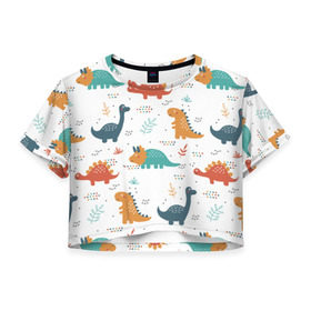 Женская футболка Cropp-top с принтом Милые динозавры в Тюмени, 100% полиэстер | круглая горловина, длина футболки до линии талии, рукава с отворотами | dinosaurs | динозавр | динозавры | животные | игрушки | мульт динозавры | мультяшки динозавры | тиранозавр
