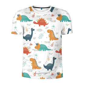 Мужская футболка 3D спортивная с принтом Милые динозавры в Тюмени, 100% полиэстер с улучшенными характеристиками | приталенный силуэт, круглая горловина, широкие плечи, сужается к линии бедра | dinosaurs | динозавр | динозавры | животные | игрушки | мульт динозавры | мультяшки динозавры | тиранозавр