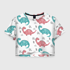 Женская футболка Cropp-top с принтом Милые динозаврики в Тюмени, 100% полиэстер | круглая горловина, длина футболки до линии талии, рукава с отворотами | dinosaurs | динозавр | динозавры | животные | игрушки | мульт динозавры | мультяшки динозавры | тиранозавр