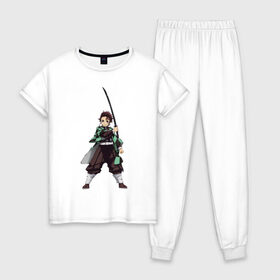 Женская пижама хлопок с принтом Tanjirou Kamado в Тюмени, 100% хлопок | брюки и футболка прямого кроя, без карманов, на брюках мягкая резинка на поясе и по низу штанин | demon | demon slaying corps | kamado | slayer | tanjirou | камадо | танджиро | тандзиро