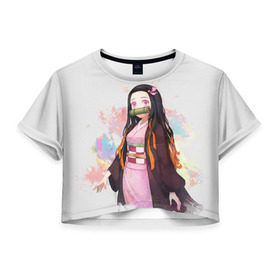 Женская футболка Cropp-top с принтом Nezuko Kamado в Тюмени, 100% полиэстер | круглая горловина, длина футболки до линии талии, рукава с отворотами | demon | kamado | nezuko | slayer | камадо | недзуко | незуко | нэдзуко | нэзуко