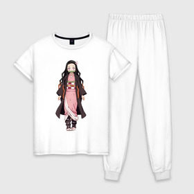 Женская пижама хлопок с принтом Nezuko Kamado в Тюмени, 100% хлопок | брюки и футболка прямого кроя, без карманов, на брюках мягкая резинка на поясе и по низу штанин | demon | kamado | nezuko | slayer | камадо | недзуко | незуко | нэдзуко | нэзуко