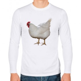 Мужской лонгслив хлопок с принтом Белая курица в Тюмени, 100% хлопок |  | курица | петух | питух | птица | юмор