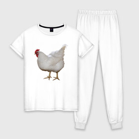 Женская пижама хлопок с принтом Белая курица в Тюмени, 100% хлопок | брюки и футболка прямого кроя, без карманов, на брюках мягкая резинка на поясе и по низу штанин | курица | петух | питух | птица | юмор