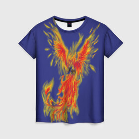 Женская футболка 3D с принтом Феникс  в Тюмени, 100% полиэфир ( синтетическое хлопкоподобное полотно) | прямой крой, круглый вырез горловины, длина до линии бедер | горящий | летит | огонь | пар хает | пламя | птица | пылает | пылающий | феникс