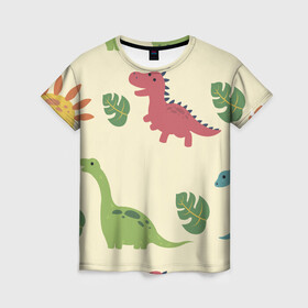 Женская футболка 3D с принтом Динозаврики в Тюмени, 100% полиэфир ( синтетическое хлопкоподобное полотно) | прямой крой, круглый вырез горловины, длина до линии бедер | dinosaurs | динозавр | динозавры | животные | игрушки | мульт динозавры | мультяшки динозавры | тиранозавр