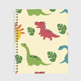 Тетрадь с принтом Динозаврики в Тюмени, 100% бумага | 48 листов, плотность листов — 60 г/м2, плотность картонной обложки — 250 г/м2. Листы скреплены сбоку удобной пружинной спиралью. Уголки страниц и обложки скругленные. Цвет линий — светло-серый
 | dinosaurs | динозавр | динозавры | животные | игрушки | мульт динозавры | мультяшки динозавры | тиранозавр