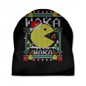 Шапка 3D с принтом Pac-man sweater в Тюмени, 100% полиэстер | универсальный размер, печать по всей поверхности изделия | Тематика изображения на принте: cherry | christmas | holyday | new | pac man | pacman | snow | snowflakes | sweater | three | xmas | year | вишня | год | елка | клубника | новый | пакман | праздник | рождество | свитер