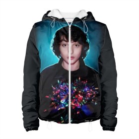 Женская куртка 3D с принтом finn wolfhard в Тюмени, ткань верха — 100% полиэстер, подклад — флис | прямой крой, подол и капюшон оформлены резинкой с фиксаторами, два кармана без застежек по бокам, один большой потайной карман на груди. Карман на груди застегивается на липучку | finn wolfhard | очень странные дела | финн вулфард