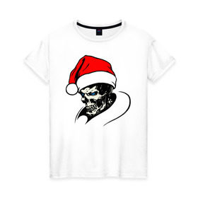Женская футболка хлопок с принтом Новогодний череп в Тюмени, 100% хлопок | прямой крой, круглый вырез горловины, длина до линии бедер, слегка спущенное плечо | clause | santa | дед | клаус | мороз | новый год | санта | санта клаус | скелет | череп