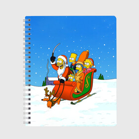 Тетрадь с принтом Simpsons New Year в Тюмени, 100% бумага | 48 листов, плотность листов — 60 г/м2, плотность картонной обложки — 250 г/м2. Листы скреплены сбоку удобной пружинной спиралью. Уголки страниц и обложки скругленные. Цвет линий — светло-серый
 | Тематика изображения на принте: bart | christmas | family | homer | lisa | maggie | marge | new | santa | simpson | simpsons | snow | thesimpsons | xmas | year | барт | гомер | лиза | мардж | мегги | санта | семья | симпсоны