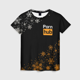Женская футболка 3D с принтом PornHub Новогодний (+ на спине) в Тюмени, 100% полиэфир ( синтетическое хлопкоподобное полотно) | прямой крой, круглый вырез горловины, длина до линии бедер | brazzers | hub | видео | любовь | хаб | чувства