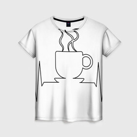 Женская футболка 3D с принтом Чашечку кофе? в Тюмени, 100% полиэфир ( синтетическое хлопкоподобное полотно) | прямой крой, круглый вырез горловины, длина до линии бедер | бариста | бармен | вкус | кардиограмма | кофе | кофеман | напиток | подача | профессия | хобби | чашка