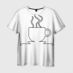 Мужская футболка 3D с принтом Чашечку кофе? в Тюмени, 100% полиэфир | прямой крой, круглый вырез горловины, длина до линии бедер | бариста | бармен | вкус | кардиограмма | кофе | кофеман | напиток | подача | профессия | хобби | чашка