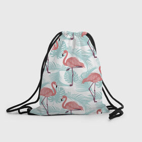 Рюкзак-мешок 3D с принтом Тропический арт в Тюмени, 100% полиэстер | плотность ткани — 200 г/м2, размер — 35 х 45 см; лямки — толстые шнурки, застежка на шнуровке, без карманов и подкладки | Тематика изображения на принте: animal | bird | flamingo | pink | pnik flamingo | животные | птицы | розовый | розовый фламинго | фламинго