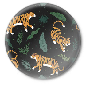 Значок с принтом Тропический тигр в Тюмени,  металл | круглая форма, металлическая застежка в виде булавки | Тематика изображения на принте: tiger | гепард | дикие кошки | животные | кот | кошки | пантера | тигр | тигры