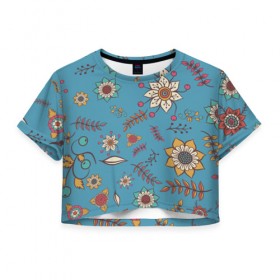 Женская футболка Cropp-top с принтом Цветочный рай в Тюмени, 100% полиэстер | круглая горловина, длина футболки до линии талии, рукава с отворотами | 
