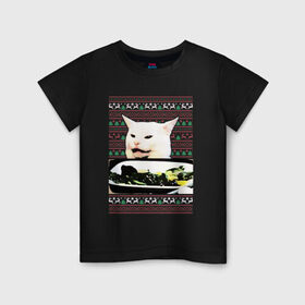 Детская футболка хлопок с принтом Woman yelling at Cat meme в Тюмени, 100% хлопок | круглый вырез горловины, полуприлегающий силуэт, длина до линии бедер | девушка кричит на кота | кот за столом | кот за столом мем | кричат на кота | кричат на кота мем | мем кот за столом | мем кричат на кота