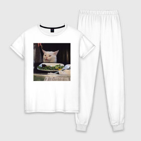 Женская пижама хлопок с принтом мемная картинка с котом в Тюмени, 100% хлопок | брюки и футболка прямого кроя, без карманов, на брюках мягкая резинка на поясе и по низу штанин | кот | котэ | кошка | мем | прикол | фотография