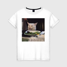 Женская футболка хлопок с принтом мемная картинка с котом в Тюмени, 100% хлопок | прямой крой, круглый вырез горловины, длина до линии бедер, слегка спущенное плечо | кот | котэ | кошка | мем | прикол | фотография