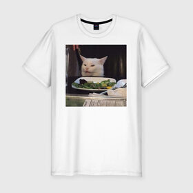 Мужская футболка премиум с принтом мемная картинка с котом в Тюмени, 92% хлопок, 8% лайкра | приталенный силуэт, круглый вырез ворота, длина до линии бедра, короткий рукав | кот | котэ | кошка | мем | прикол | фотография