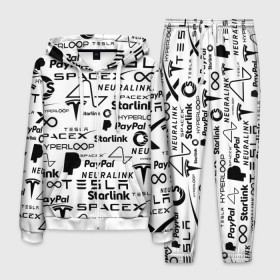 Мужской костюм 3D с принтом ЛОГОТИПЫ ПРОЕКТОВ ИЛОНА МАСКА. в Тюмени, 100% полиэстер | Манжеты и пояс оформлены тканевой резинкой, двухслойный капюшон со шнурком для регулировки, карманы спереди | Тематика изображения на принте: elon musk | hyperloop | neuralink | pattern | paypal | spacex | starlink | tesla | американский предприниматель | изобретатель | илон маск | инвестор | инженер | паттерн | тесла