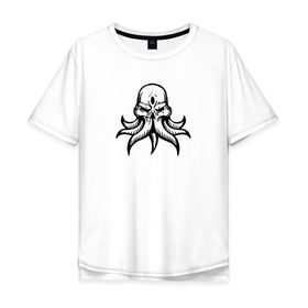 Мужская футболка хлопок Oversize с принтом Ктулху в Тюмени, 100% хлопок | свободный крой, круглый ворот, “спинка” длиннее передней части | ктулху | минимализм | тьма | череп