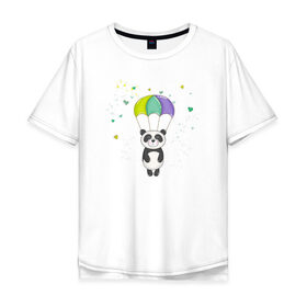 Мужская футболка хлопок Oversize с принтом Панда на парашюте в Тюмени, 100% хлопок | свободный крой, круглый ворот, “спинка” длиннее передней части | панда | панда на парашюте | рисунок | сердечки