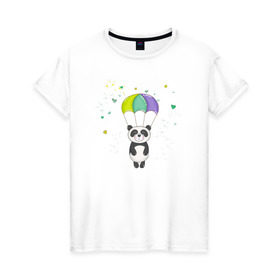 Женская футболка хлопок с принтом Панда на парашюте в Тюмени, 100% хлопок | прямой крой, круглый вырез горловины, длина до линии бедер, слегка спущенное плечо | панда | панда на парашюте | рисунок | сердечки