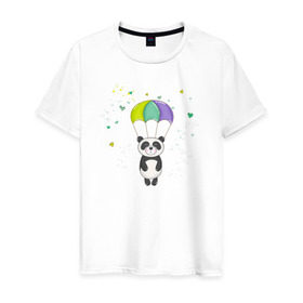 Мужская футболка хлопок с принтом Панда на парашюте в Тюмени, 100% хлопок | прямой крой, круглый вырез горловины, длина до линии бедер, слегка спущенное плечо. | Тематика изображения на принте: панда | панда на парашюте | рисунок | сердечки