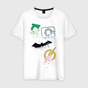 Мужская футболка хлопок с принтом Логотипы. Justice League в Тюмени, 100% хлопок | прямой крой, круглый вырез горловины, длина до линии бедер, слегка спущенное плечо. | Тематика изображения на принте: batman | cyborg | dc comics | green lantern | justice league | logo | shtatjl | superhero | the flash | бэтмен | зеленый фонарь | киборг | лига справедливости | флэш