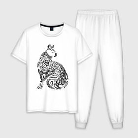 Мужская пижама хлопок с принтом Футболка (хлопок) в Тюмени, 100% хлопок | брюки и футболка прямого кроя, без карманов, на брюках мягкая резинка на поясе и по низу штанин
 | авторские коллекции | восточный огурец | животные | кошка | роспись