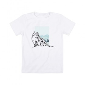 Детская футболка хлопок с принтом Снежный Леопард в Тюмени, 100% хлопок | круглый вырез горловины, полуприлегающий силуэт, длина до линии бедер | leopard | snow | winter | зима | леопард | снег | снежный