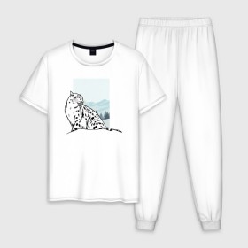 Мужская пижама хлопок с принтом Снежный Леопард в Тюмени, 100% хлопок | брюки и футболка прямого кроя, без карманов, на брюках мягкая резинка на поясе и по низу штанин
 | leopard | snow | winter | зима | леопард | снег | снежный