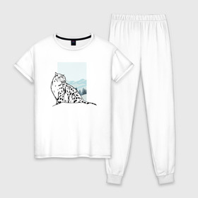 Женская пижама хлопок с принтом Снежный Леопард в Тюмени, 100% хлопок | брюки и футболка прямого кроя, без карманов, на брюках мягкая резинка на поясе и по низу штанин | leopard | snow | winter | зима | леопард | снег | снежный