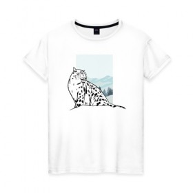 Женская футболка хлопок с принтом Снежный Леопард в Тюмени, 100% хлопок | прямой крой, круглый вырез горловины, длина до линии бедер, слегка спущенное плечо | leopard | snow | winter | зима | леопард | снег | снежный
