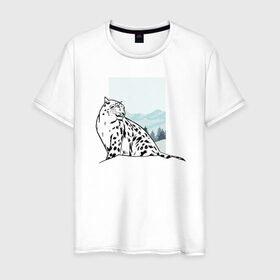 Мужская футболка хлопок с принтом Снежный Леопард в Тюмени, 100% хлопок | прямой крой, круглый вырез горловины, длина до линии бедер, слегка спущенное плечо. | Тематика изображения на принте: leopard | snow | winter | зима | леопард | снег | снежный