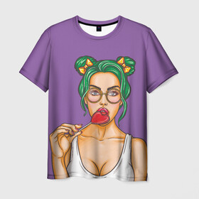 Мужская футболка 3D с принтом Sexy Girl в Тюмени, 100% полиэфир | прямой крой, круглый вырез горловины, длина до линии бедер | girl | в очках | девушка | женщина | красотка | пафос | подруге | соблазн | стерва | тп | чупа чупс | чупик