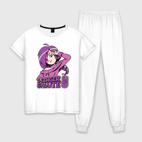 Женская пижама хлопок с принтом Zone-Tan в Тюмени, 100% хлопок | брюки и футболка прямого кроя, без карманов, на брюках мягкая резинка на поясе и по низу штанин | 3 finger salute | zone | zone tan | зон тан | зонтан | комиксы | тян