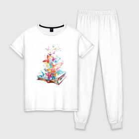Женская пижама хлопок с принтом Книга в Тюмени, 100% хлопок | брюки и футболка прямого кроя, без карманов, на брюках мягкая резинка на поясе и по низу штанин | акварель | бабочки | книга | рисунок