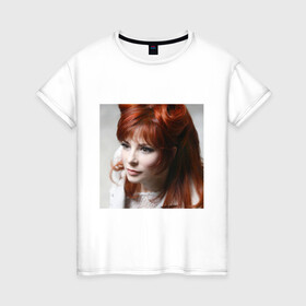 Женская футболка хлопок с принтом Mylene Farmer в Тюмени, 100% хлопок | прямой крой, круглый вырез горловины, длина до линии бедер, слегка спущенное плечо | Тематика изображения на принте: певица